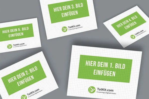 Mockup für Folien im 4:3-Format:  5 Karten, unregelmäßig angeordnet, Hauptfolie rechts