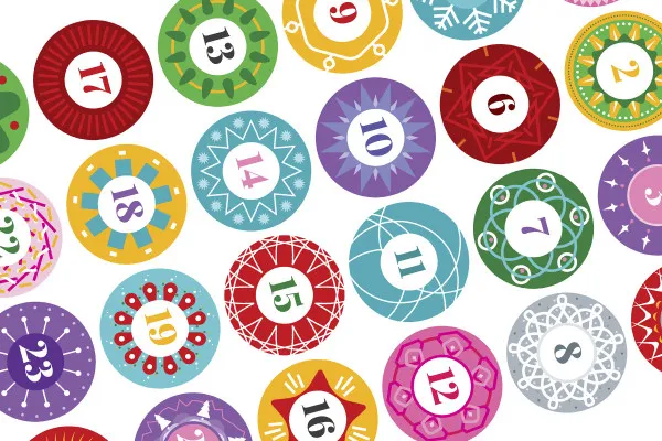 Zahlen für Adventskalender zum Ausdrucken in einem bunten Winterdesign