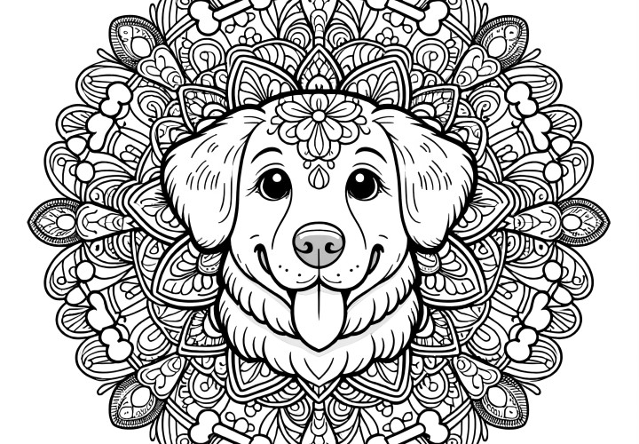 Hunde-Mandala mit aufwendigen Mustern ** Ein liebevoll gestalteter Hund umrahmt von aufwendigen Mandala-Mustern.