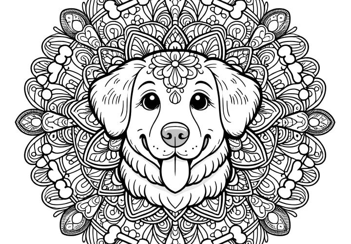 Ausmalbild mit Hund und Mandala-Muster.