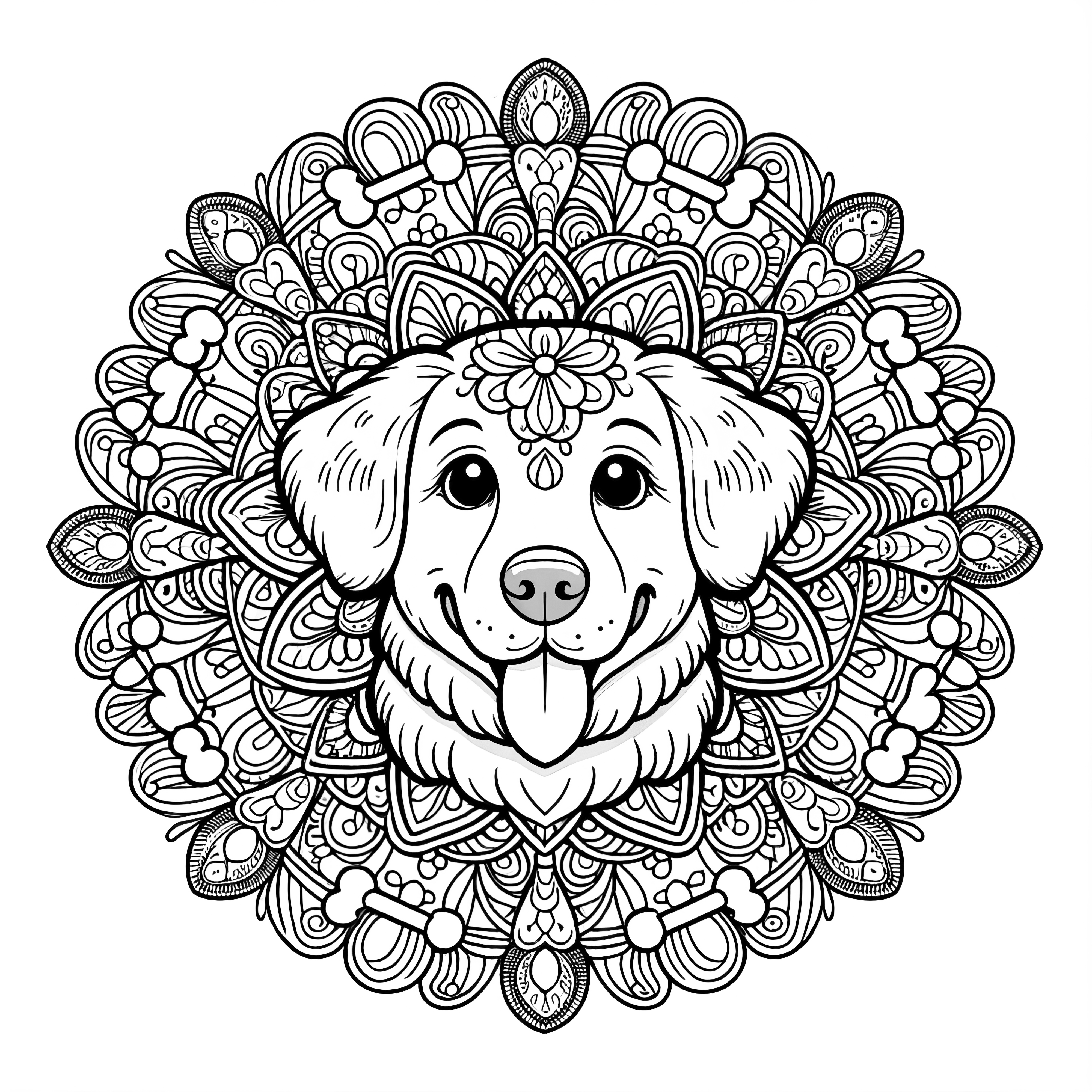 Ausmalbild mit Hund und Mandala-Muster.