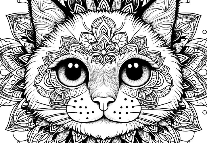 Katzen-Mandala-Motiv kostenlos herunterladen Ausmalbild mit Katzengesicht im Mandala-Stil