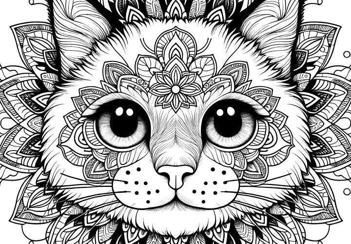 Ausmalbild mit Katzengesicht im Mandala-Stil