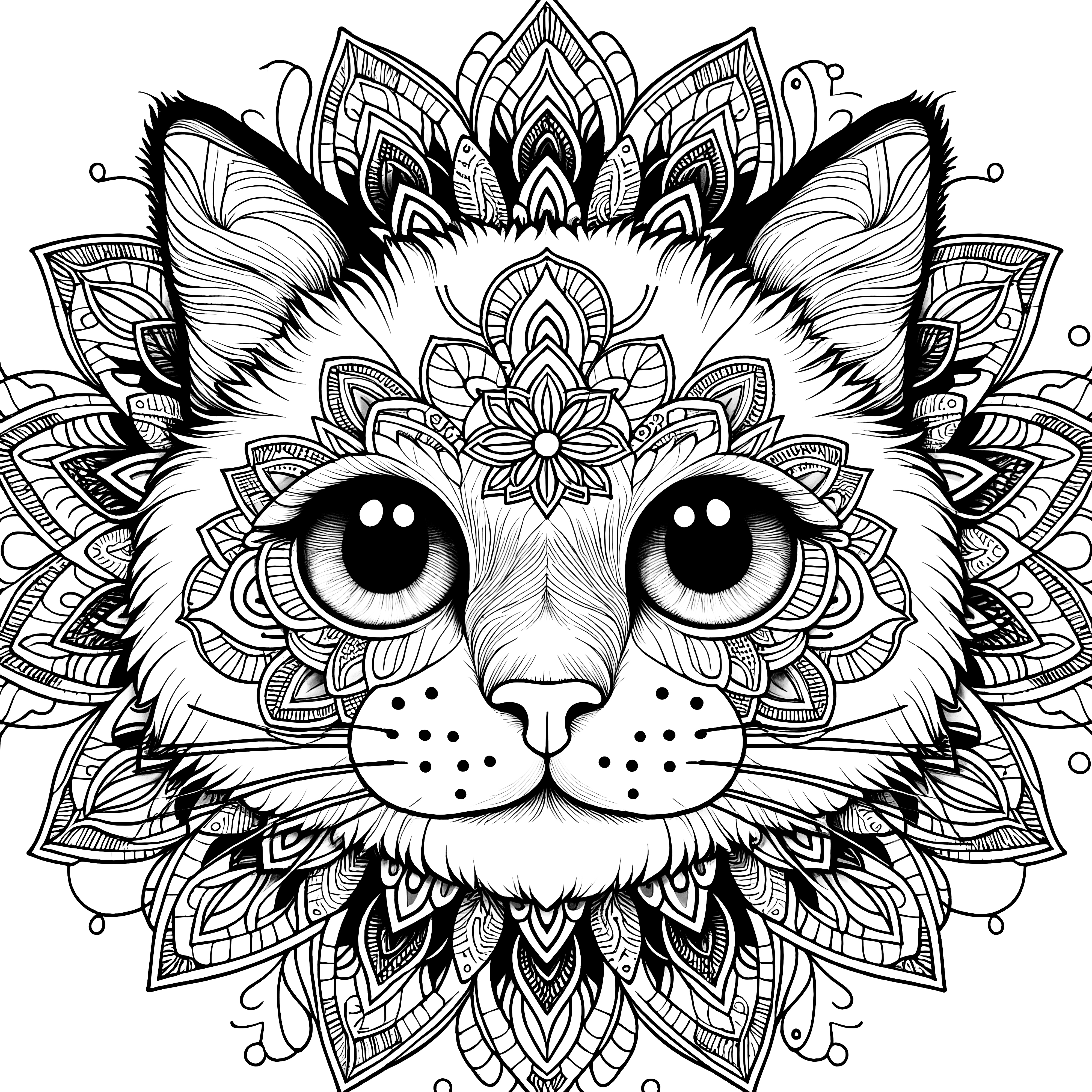 Ausmalbild mit Katzengesicht im Mandala-Stil