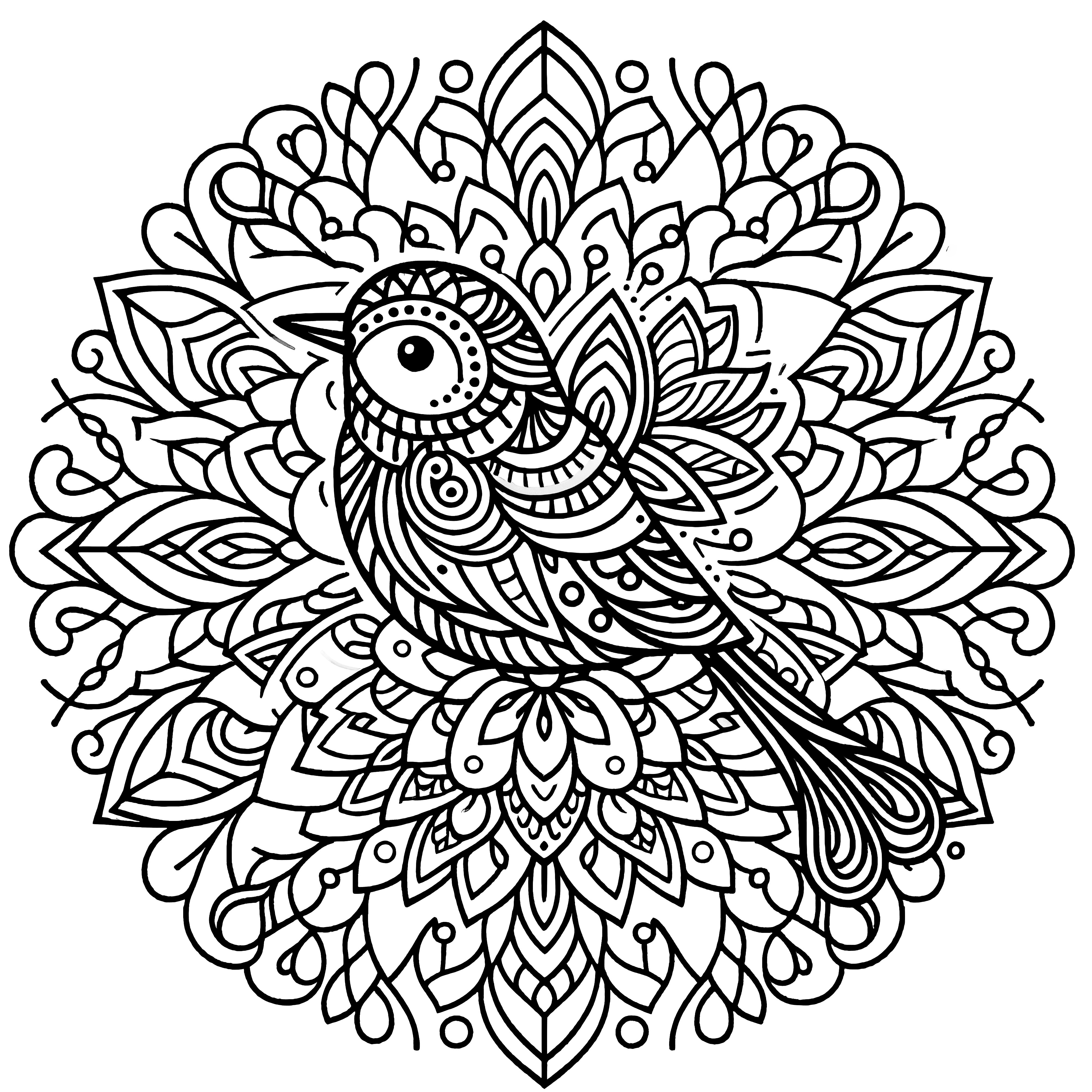 Detailliertes Mandala mit Vogel-Motiv und filigranen Mustern zum Ausmalen