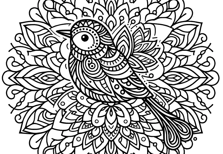 Kunstvolles Mandala mit Vogel und floralen Mustern zum Ausmalen
