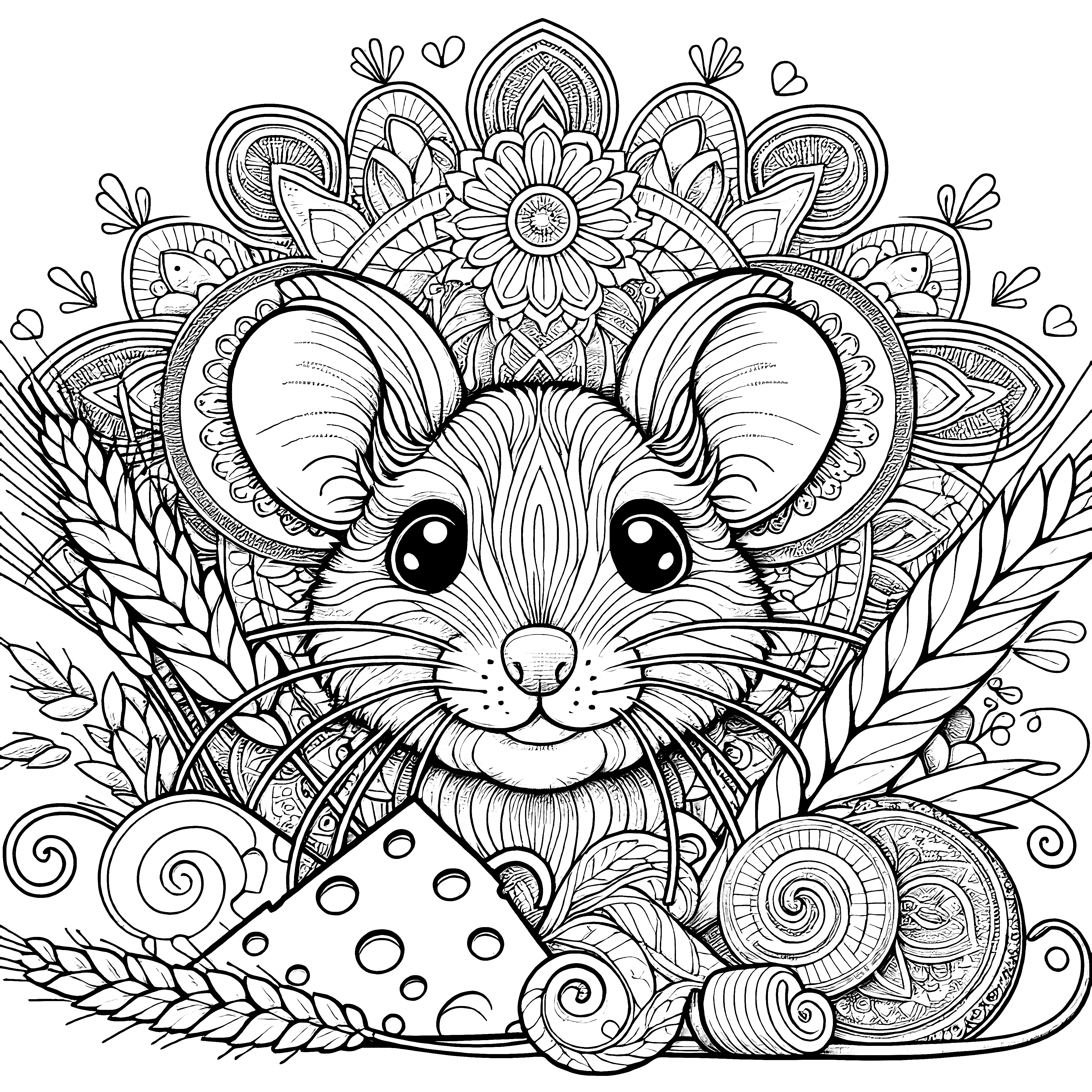 Maus mit Käse: Mandala zum Ausmalen