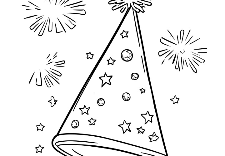 Partyhut und Feuerwerk: Gratis Ausmalbild