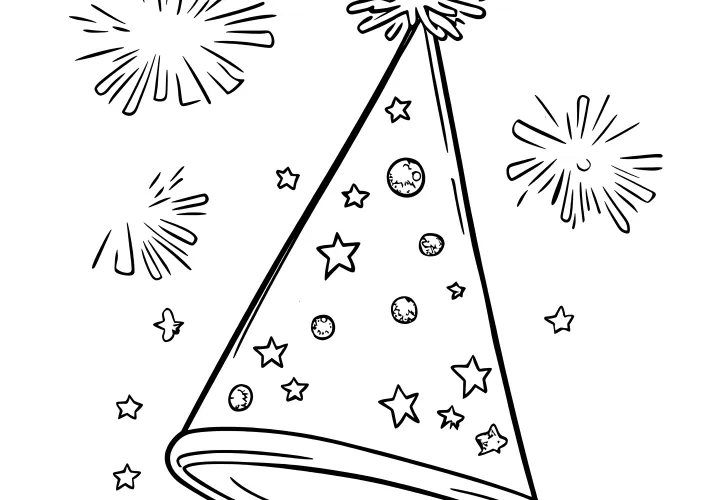 Partyhut und Feuerwerk: Gratis Ausmalbild