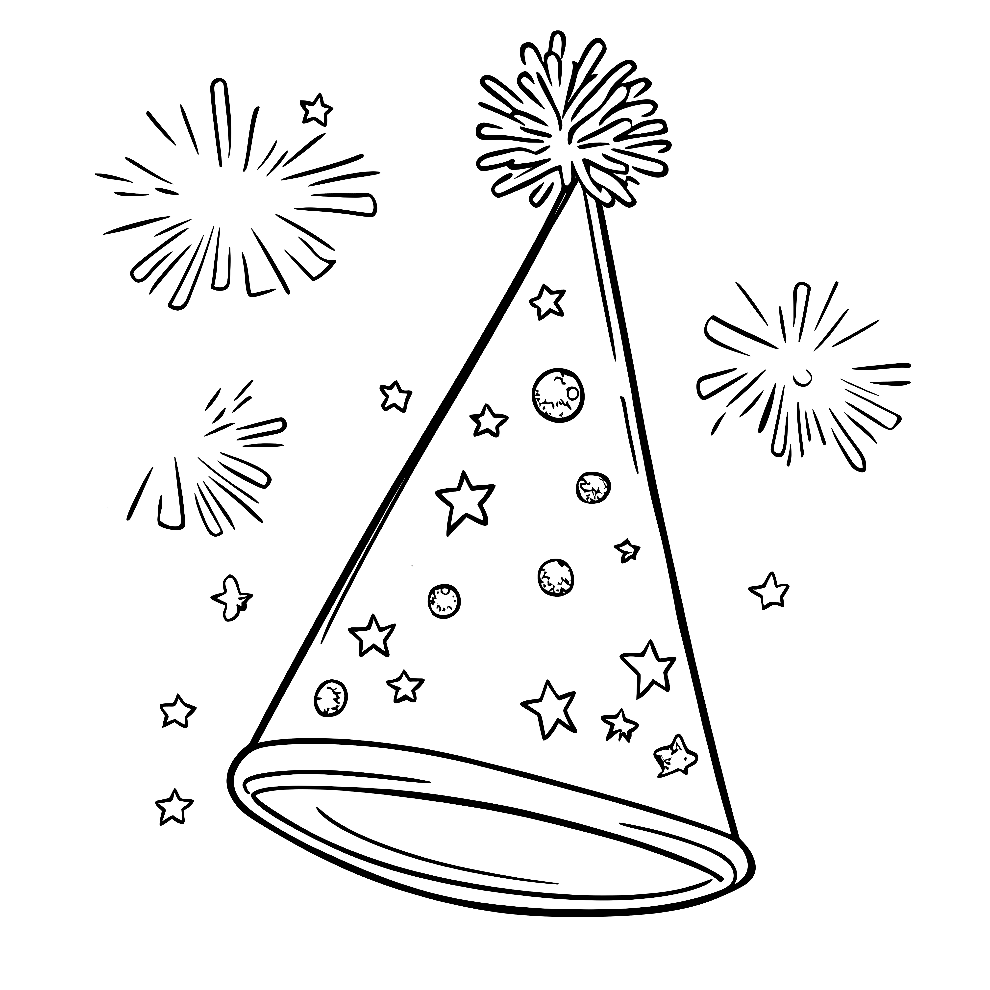 Partyhut und Feuerwerk: Gratis Ausmalbild