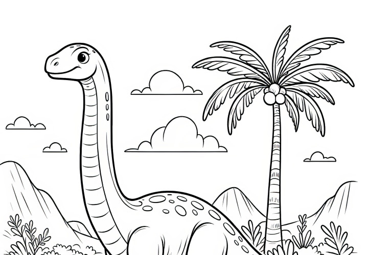 Dinosaurier-Ausmalbild mit Brachiosaurus und Landschaft Ausmalbild eines Brachiosaurus in einer prähistorischen Landschaft mit Palmen und Bergen.
