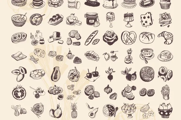 Bilder und Illustrationen mit Essen und Getränken für Restaurants, Bars, Cafés