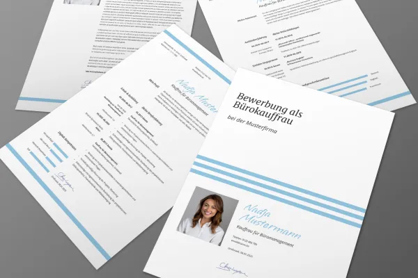 Bewerbungsvorlage Büromanagement, Vorschau auf Deckblatt, Lebenslauf und Anschreiben