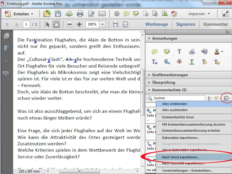 Grafikmarkierungswerkzeuge in Acrobat, Kommentare exportieren und importieren